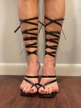 NNB PARIS TEXAS Black Snakeskin Mid Heel Leg Wrap Sandals